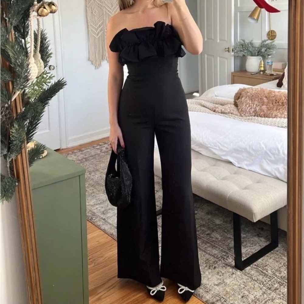 Red Dress Boutique Black Strapless Ruffle Wide-Leg Jumpsuit